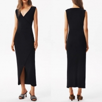 Fashion Solid Color V-neck Sleeveless Slit Midi Dress