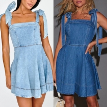 Fashion Square Neck Self-tie Shoulder Strap Old-washed Denim Dress