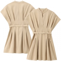 Fashion V-neck Cap Sleeve Pleated Dress with Belt