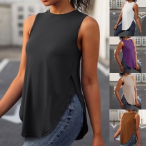 Casual Crew Neck Sleeveless Side Slit Workout Shirt