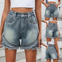 Street Fashion Elastic Waist Rivet Fray Hemline Old-washed Denim Shorts