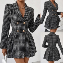 Vintage Plaid Double-breasted Notch Lapel Long Sleeve Pleated Suit Dress