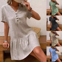 Casual Button V-neck Short Sleeve Ruffle Hemline Mini Dress