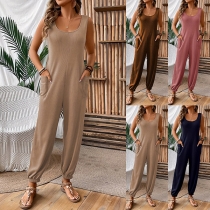 Casual Solid Color Square Neck Sleeveless Side Patch Pockets Jumpsuit