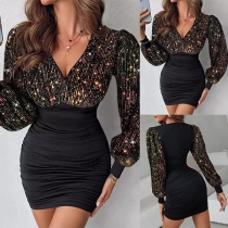 Fashion Bling-bling Sequined Spliced V-neck Long Sleeve Ruched Bodycon Dress