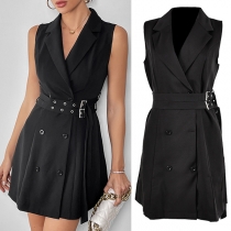 Fashion Notch Lapel V-neck Sleeveless Double-breasted Suit Dress with Belt