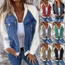 Fashion Plush Spliced Denim Front Zipper Hooded Jacket