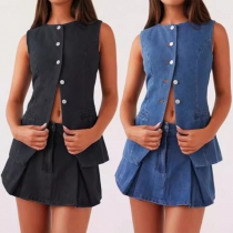 Fashion Denim Two-piece Set Consist of Sleeveless Vest and Pleated Skirt