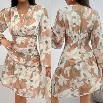 Fashion Floral Printed V-neck Long Sleeve Cinch Waist Irregular Hemline Dress