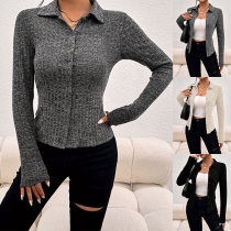 Fashion Solid Color Stand Collar Long Sleeve Ribbed Cardigan