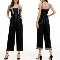 Fashion Front Button Patch Pockets Adjustable Shoulder Strap Suspender Denim Jumpsuit