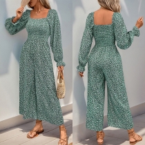 Fashion Floral Printed Square Neck Smocked Bodice Long Sleeve Wide-leg Jumpsuit