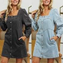 Fashion Square Neck Long Sleeve Front Button Side Pockets Old-washed Denim Dress