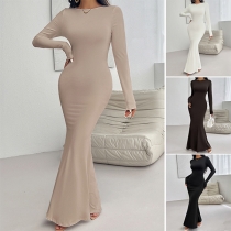 Fashion Crew Neck Long Sleeve Fishtail Maxi Dress