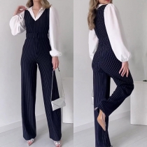 Fashion Stand Collar Long Sleeve Vertical Striped Printed Wide-leg Mock Two-piece Jumpsuit
