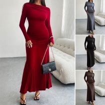 Elegant Slant Shoulder Long Sleeve Fishtail Hemline Bodycon Dress