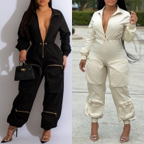 Fashion Front Zipper V-neck Long Sleeve Jumpsuit