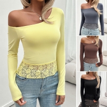 Fashion One-shoulder Long Sleeve Lace Spliced Hemline Slim-fit Shirt