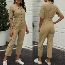 Fashion Notch Lapel V-neck Short Sleeve Front Button Jumpsuit