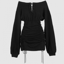 Sexy Front  Lace-up Off-the-shoulder Long Sleeve Side Drawstring Bodycon Dress