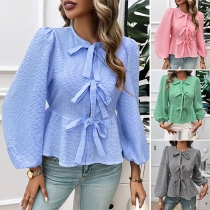 Fashion Puff Long Sleeve Front Bowknot Ruffle Hemline Shirt