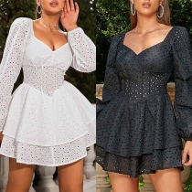 Fashion Hollow Out V-neck Long Sleeve Cinch Waist Tiered Dress
