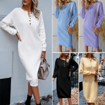 Fashion Button V-neck Long Sleeve Knitted Sweater Dress