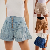 Fashion Button High-rise Pleated Denim Shorts