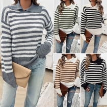 Fashion Stripe Pattern Lapel Collar Long Sleeve Knitted Sweater