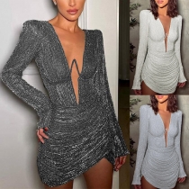 Sexy Sequin Push-up Underwire Plunge V-neck Ruched Irregular Hemline Bodycon Party Dress