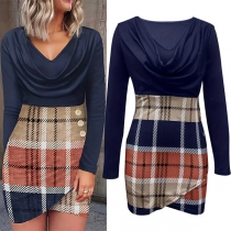 Fashion Contrast Color Plaid Printed Draped Neck Long Sleeve Side Button Irregular Hemline Bodycon Dress