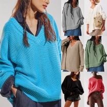 Casual Solid Color V-neck Long Sleeve Loose Knitted Sweater