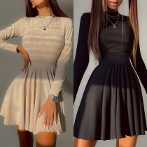 Fashion Crew Neck Long Sleeve Back Cutout Pleated Ribbed Mini Dress