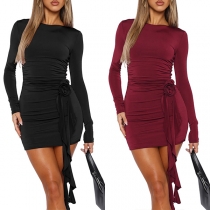 Fashion Crew Neck Long Sleeve Ruched Side Rose Tassel Bodycon Dress