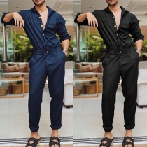 Fashion Solid Color Front Button Long Sleeve Drawstring Waist Jumpsuit for Men