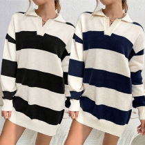 Casual Contrast Color Stripe Lapel V-neck Long Sleeve Sweater Dress