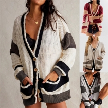 Fashion Contrast Color V-neck Long Sleeve Patch Pockets Knitted Cardigan