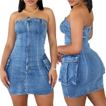 Sexy Strapless Side Patch Pockets Old-washed Skinny Denim Dress