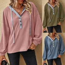 Fashion Contrast Color V-neck Long Sleeve Drawstring Hooded Texture Sweatshirt