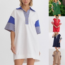 Casual Contrast Color Stripe Printed Polo V-neck Short Sleeve Mini Dress