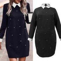 Fashion Polo-neck Long Sleeve Beaded Dress