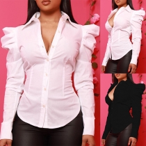 Fashion Stand Collar  Puff Long Sleeve  Blouse