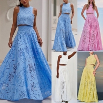 Fashion Heart Shape Hollowout Two-piece Set Consist of Crop Top and Maxi Skirt