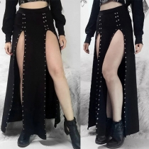 Punk Style Eyelet Slit Maxi Skirt