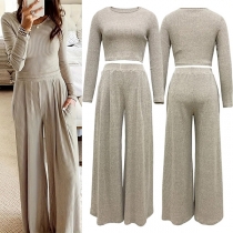 Fashion Ribbed Two-piece Set Consist of Crop Top and Wide-leg Pants