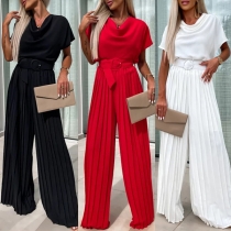 Elegant Draped Neck Short Sleeve Pleated Wide-leg Jumpsuit with Belt