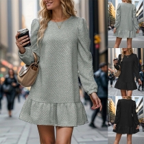 Fashion Crew Neck Long Sleeve Ruffle Hemline Texture Dress