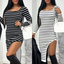 Fashion Square Neck Long Sleeve Side Slit Stripe Printed Dress