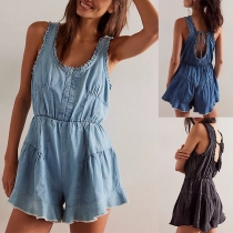 Fashion Ruffle U-neck Sleeveless Self-tie Backless Old-washed Denim Romper