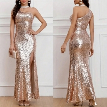 Sexy Bling-bling Sequined One-shoulder Side Slit Party Dress